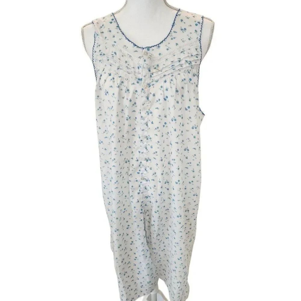 Vintage 90s Jasmine Long White Blue Floral Long Nightgown XL Country Cottage